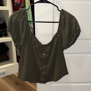 American Eagle Outfitters Dark Green Puff Sleeve Blouse